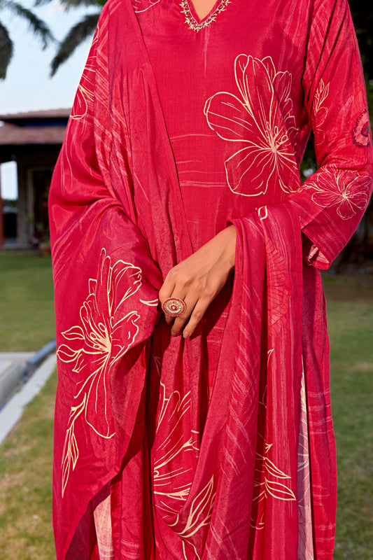 Red Suits With Nack Handwork In Pure Viscose Muslin Fabrics