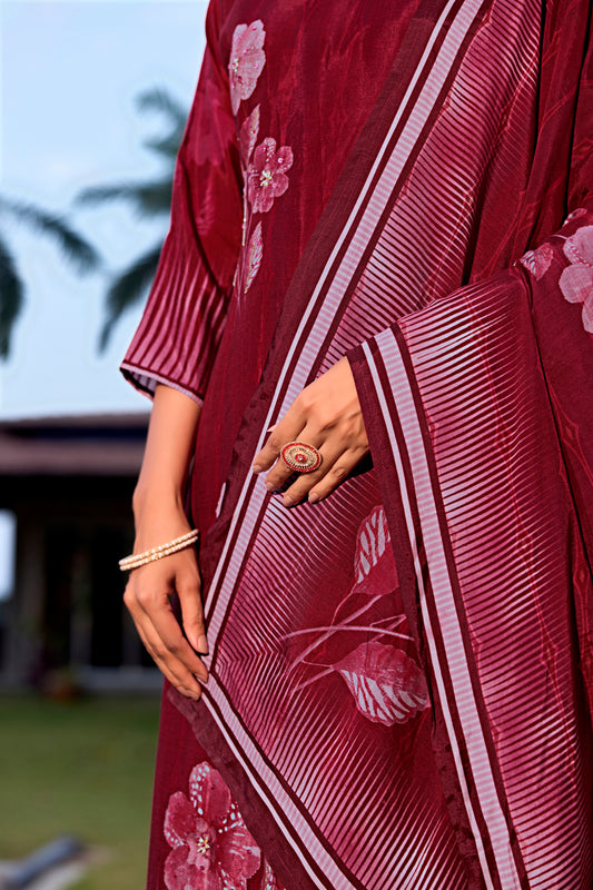 Maroon Suits With Nack Handwork In Pure Viscose Muslin Fabrics