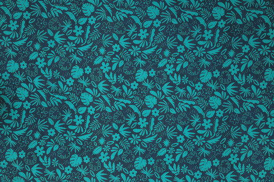 Blue Leafs Pattern Digital Print Dolla Silk Fabric