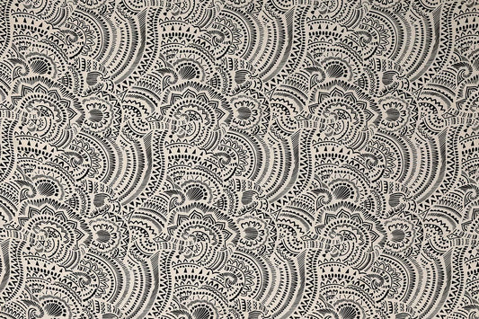 Black Motif Pattern Digital Print Musleen Fabric