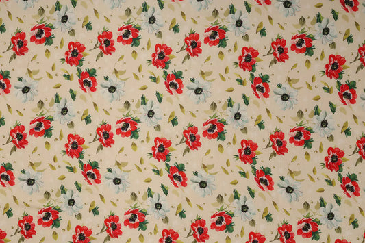 Red White Flower Pattern Digital Print Musleen Fabric