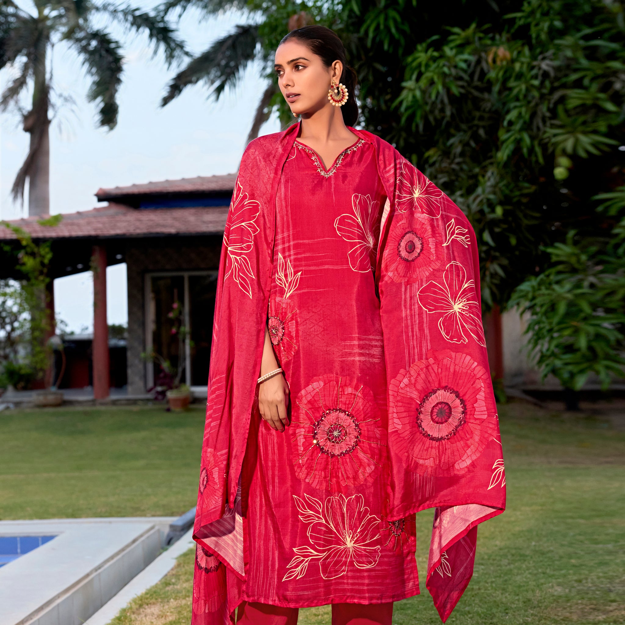 Red Suits With Nack Handwork In Pure Viscose Muslin Fabrics