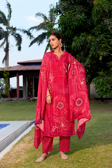 Red Suits With Nack Handwork In Pure Viscose Muslin Fabrics