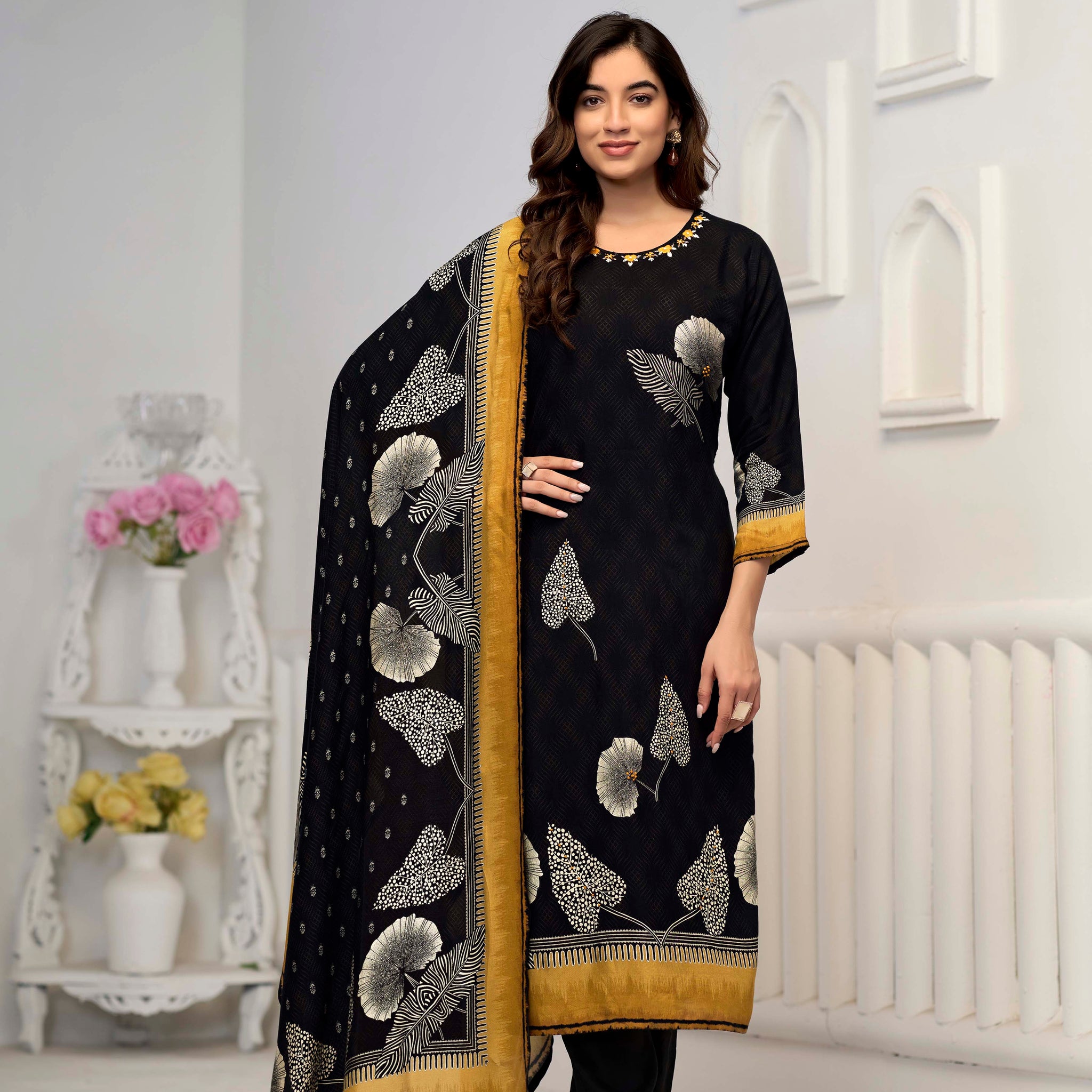 Black Suits With Handwork In Pure Viscose Muslin Fabrics