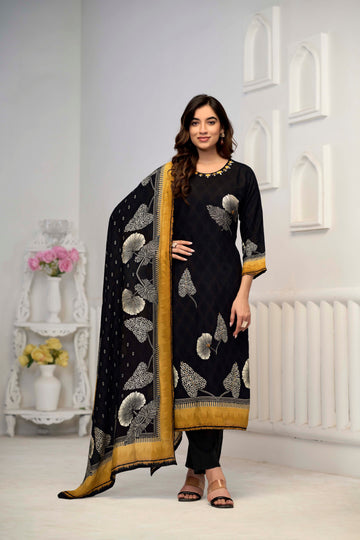 Black Suits With Handwork In Pure Viscose Muslin Fabrics