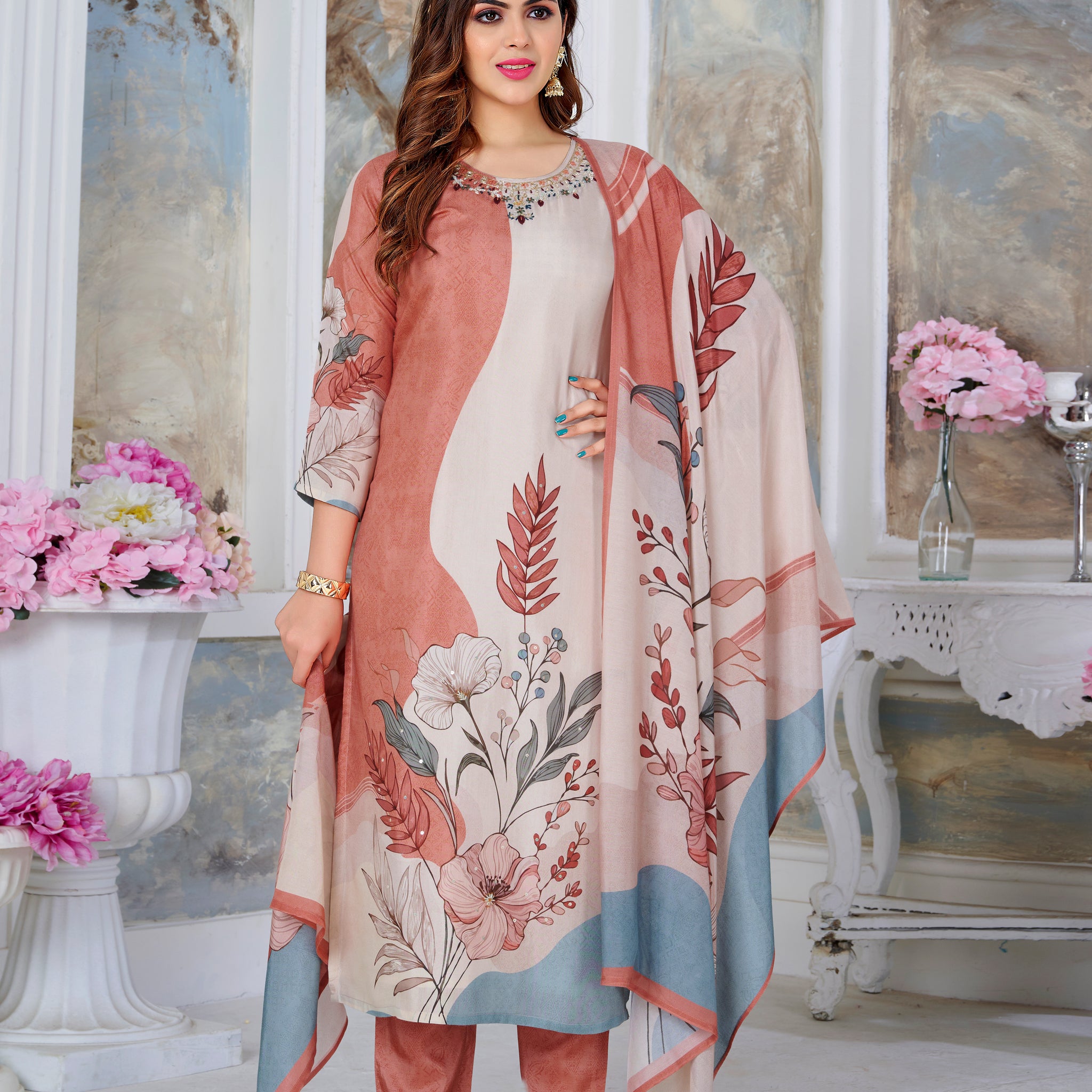 Coral Orange & Cream Suits With Handwork In Pure Viscose Muslin Fabrics