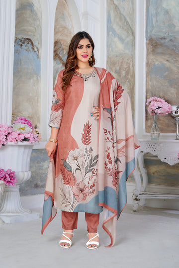 Coral Orange & Cream Suits With Handwork In Pure Viscose Muslin Fabrics