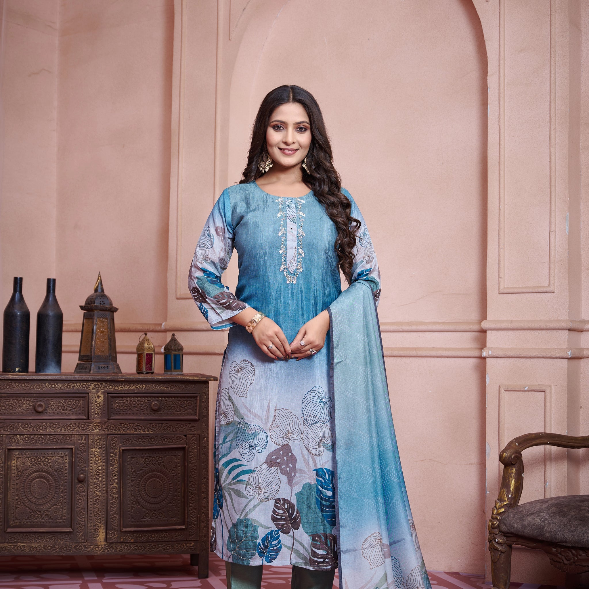 Aqua Green Blue Suits With Handwork In Pure Viscose Taspa Fabrics