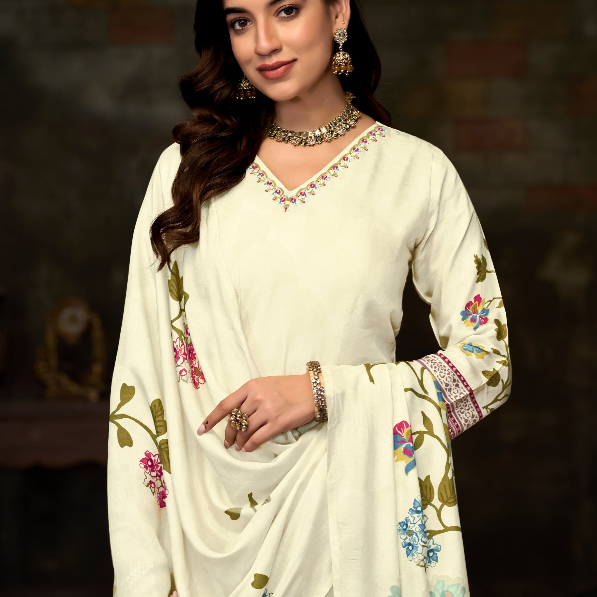 Cream Suits With Handwork In Pure Viscose Muslin Fabrics