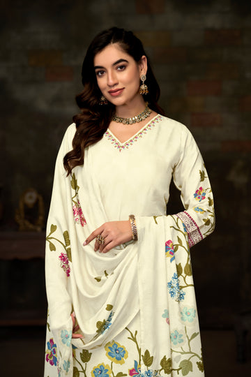 Cream Suits With Handwork In Pure Viscose Muslin Fabrics