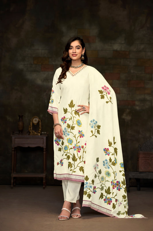 Cream Suits With Handwork In Pure Viscose Muslin Fabrics