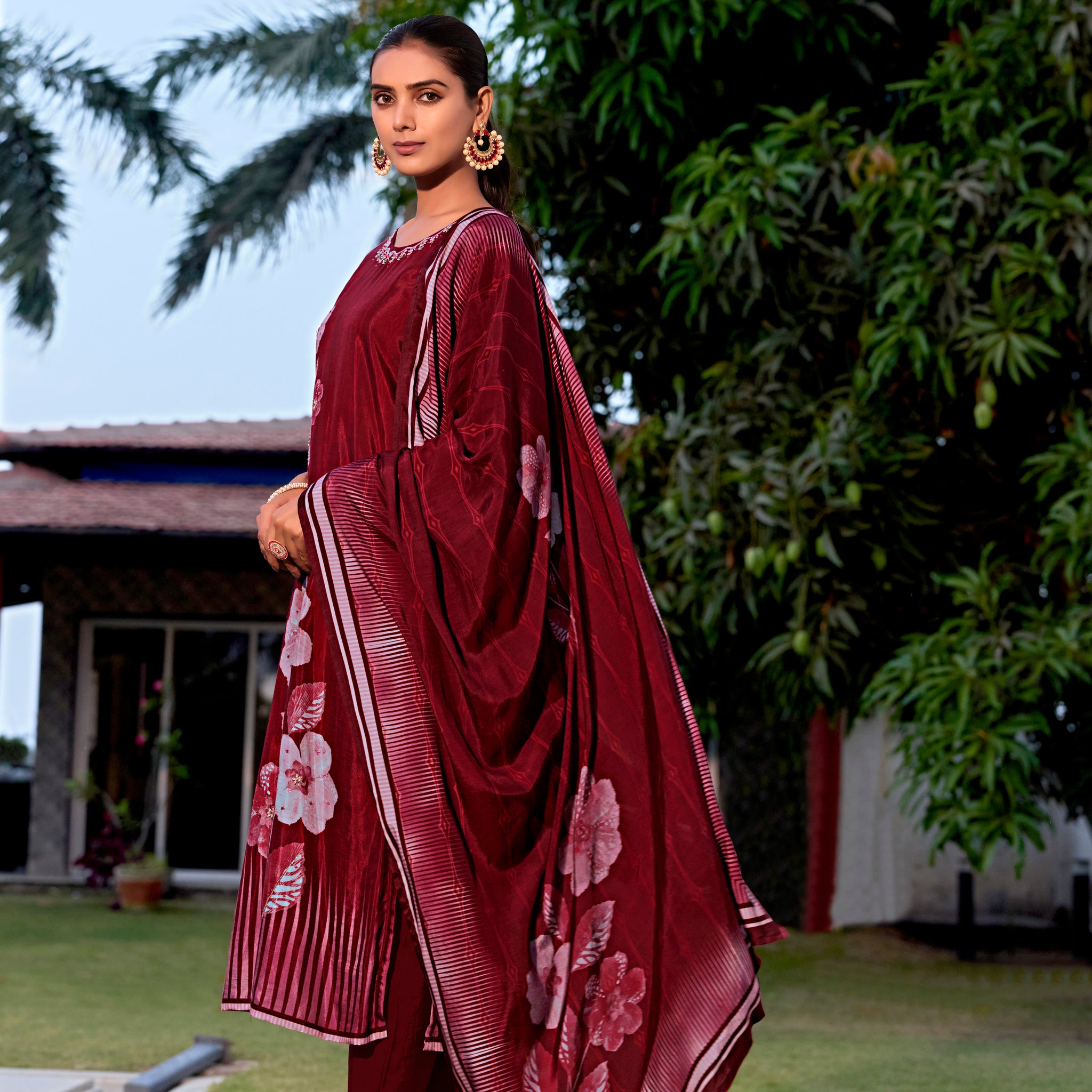 Maroon Suits With Nack Handwork In Pure Viscose Muslin Fabrics