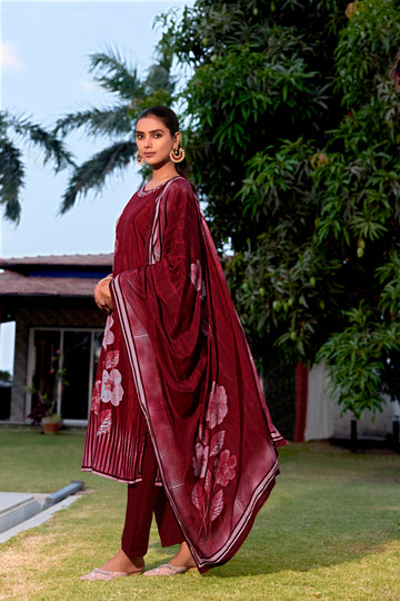 Maroon Suits With Nack Handwork In Pure Viscose Muslin Fabrics