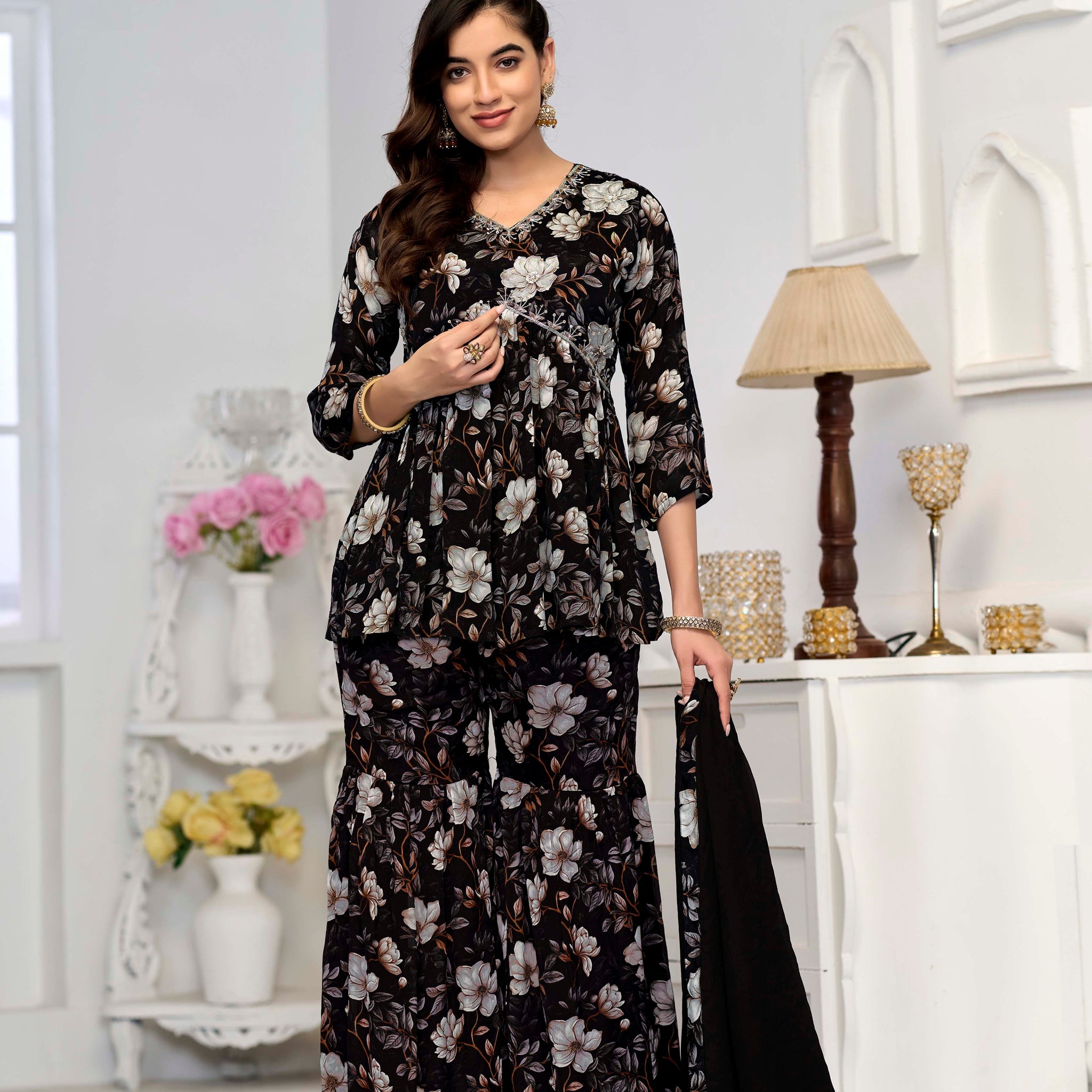 Black Sharara With Handwork In Pure Chinon Fabrics