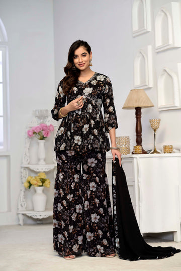 Black Sharara With Handwork In Pure Chinon Fabrics