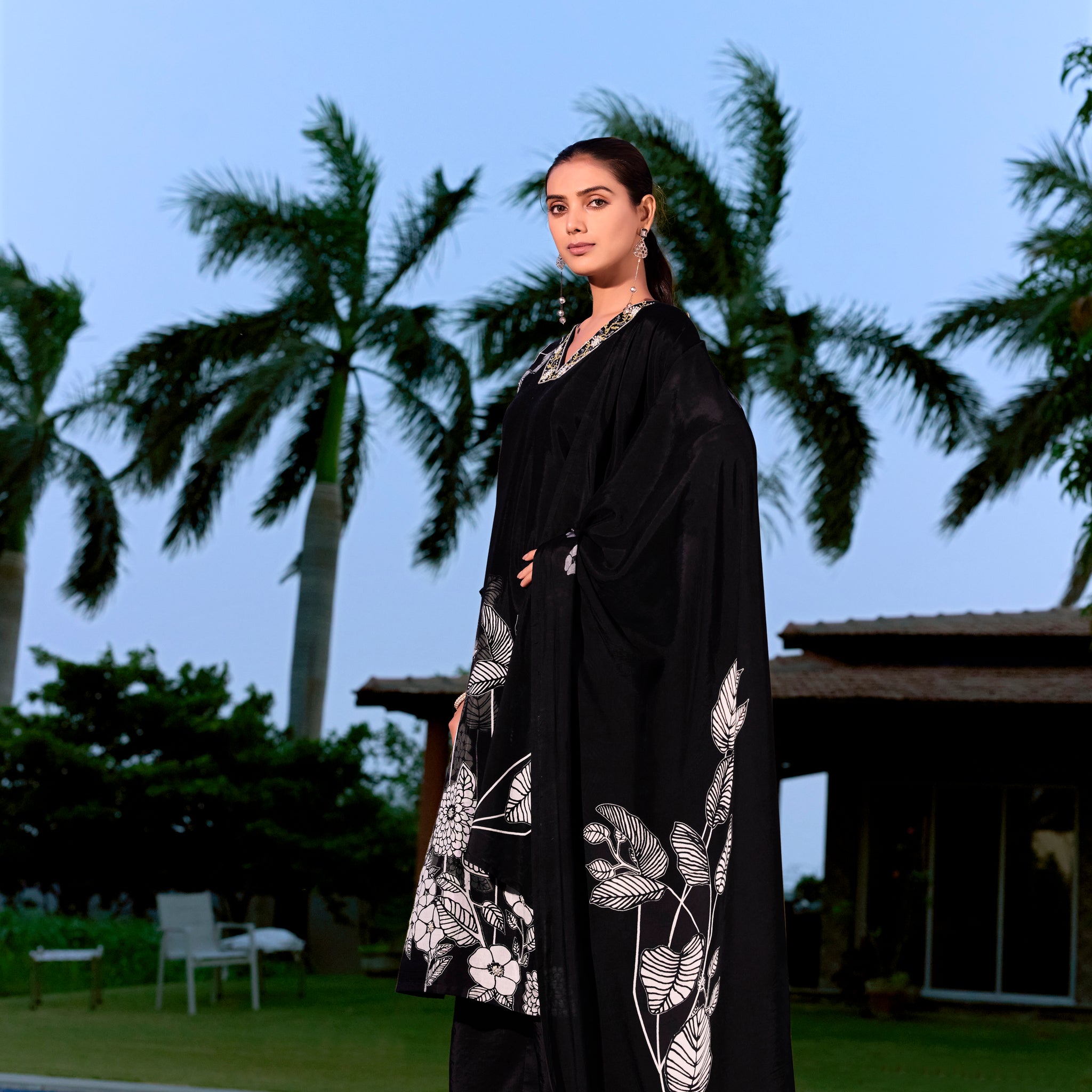 Black Suits With Nack Handwork In Pure Viscose Muslin Fabrics