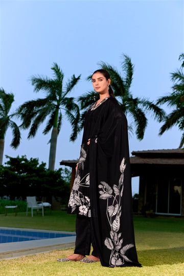 Black Suits With Nack Handwork In Pure Viscose Muslin Fabrics