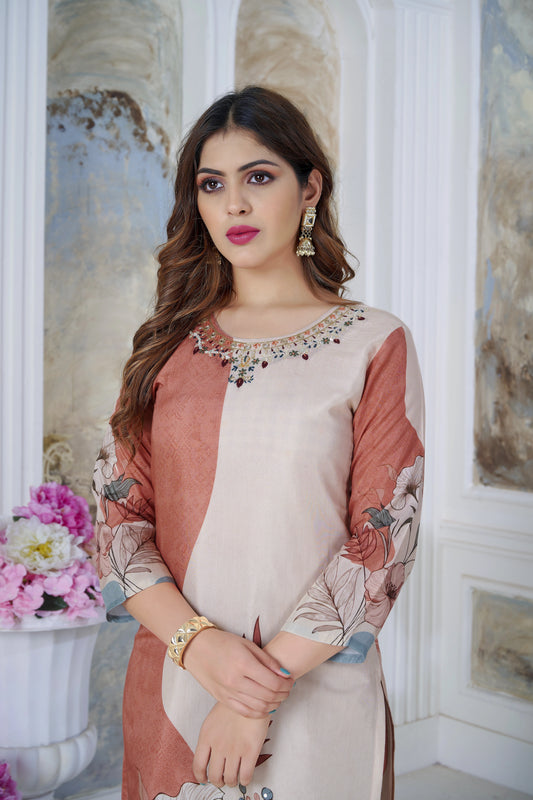 Coral Orange & Cream Suits With Handwork In Pure Viscose Muslin Fabrics