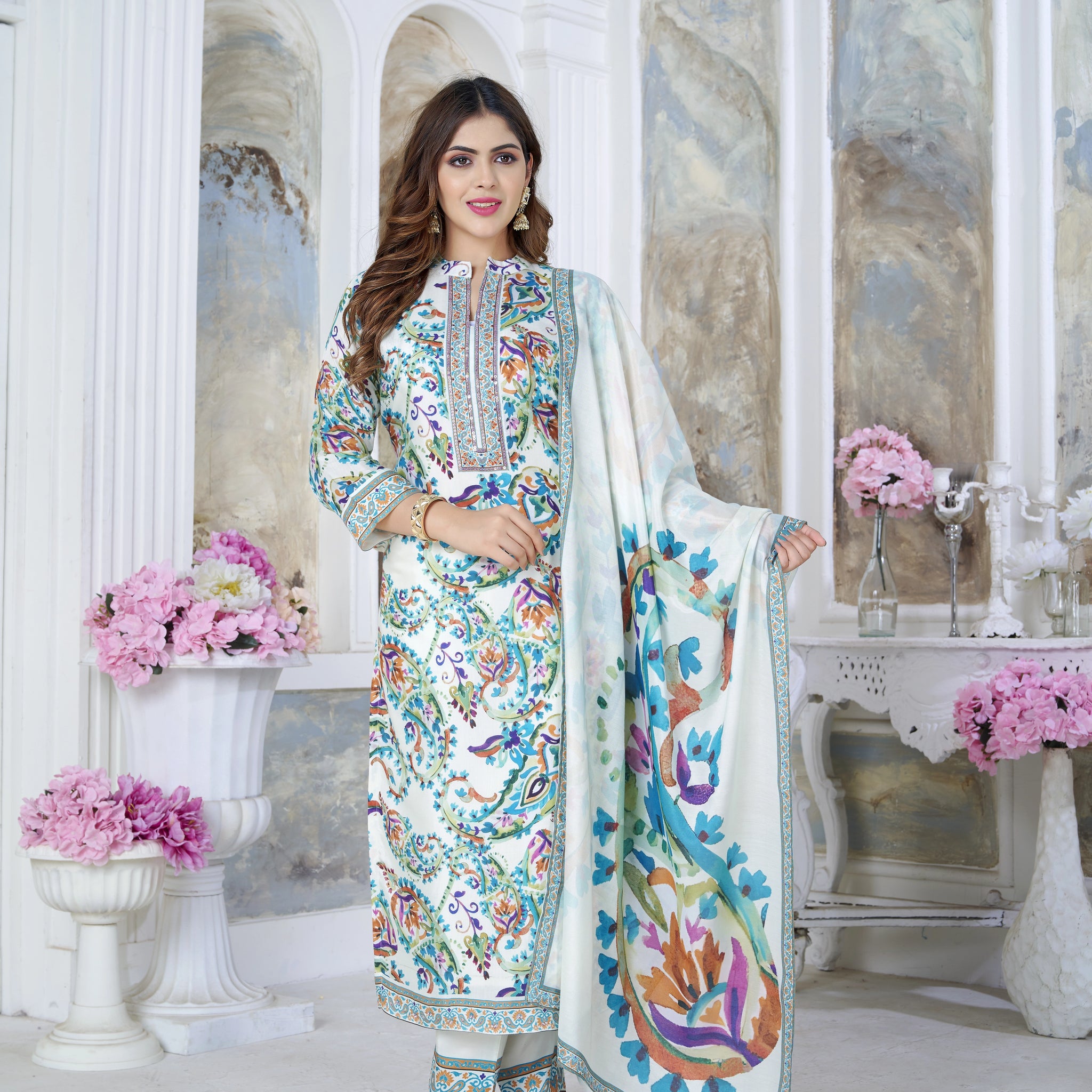 White Suits With Handwork In Pure Viscose Muslin Fabrics