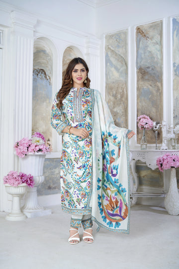 White Suits With Handwork In Pure Viscose Muslin Fabrics