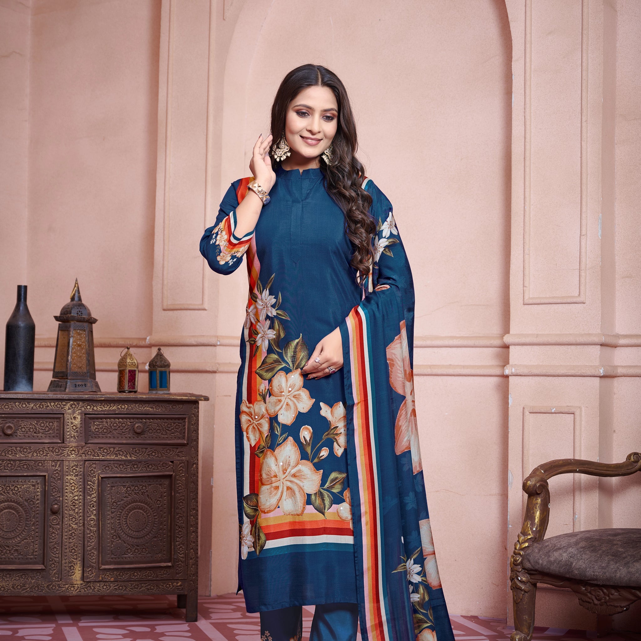 Blue Suits With Handwork In Pure Viscose Muslin Fabrics