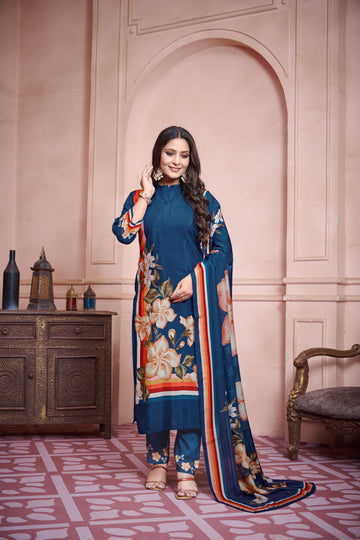 Blue Suits With Handwork In Pure Viscose Muslin Fabrics