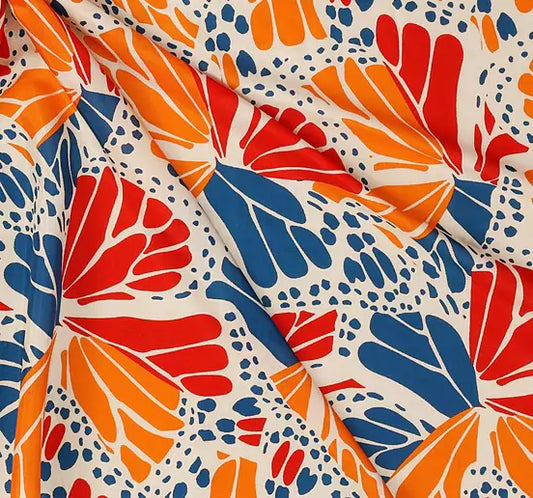 Orange Red & Blue Pattern Digital Print Muslin Fabric