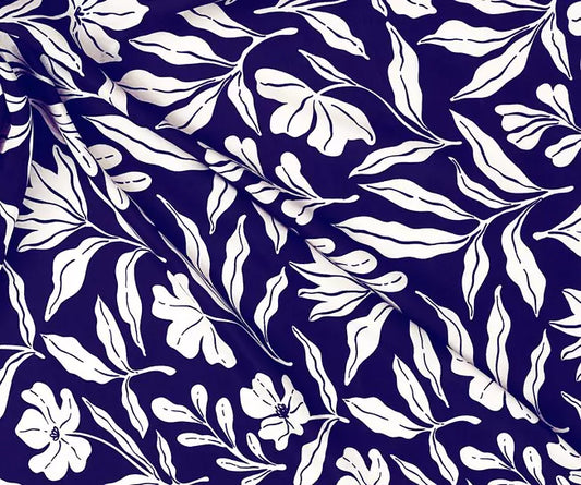 White Blue Flower & Leaf Pattern Digital Print Muslin Fabric