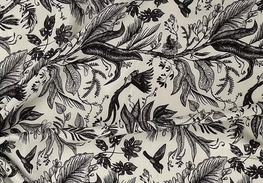 Black Cream Leafs Pattern Digital Print Muslin Fabric