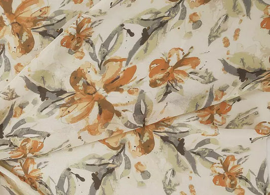 Brown Black Floral Digital Print Viscose Chinon Fabric