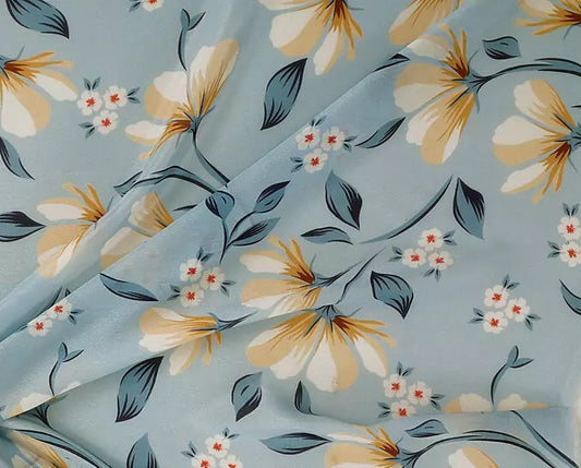 White Yellow combine Flowers Digital Print Viscose Chinon Fabric