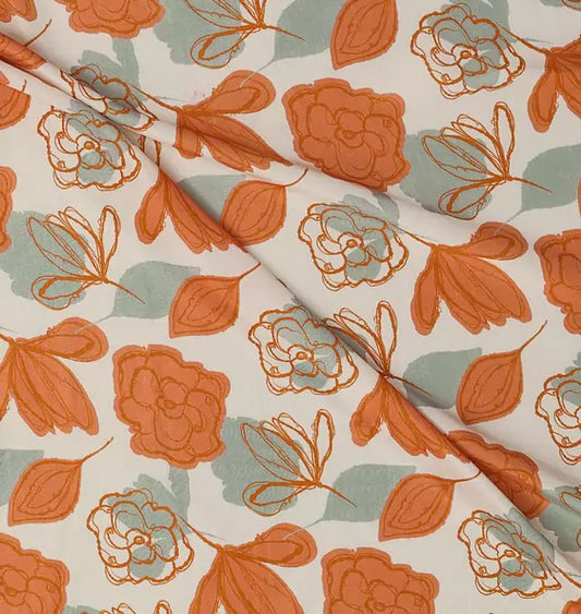 Orange Flower & Leaf Pattern Digital Print Muslin Fabric