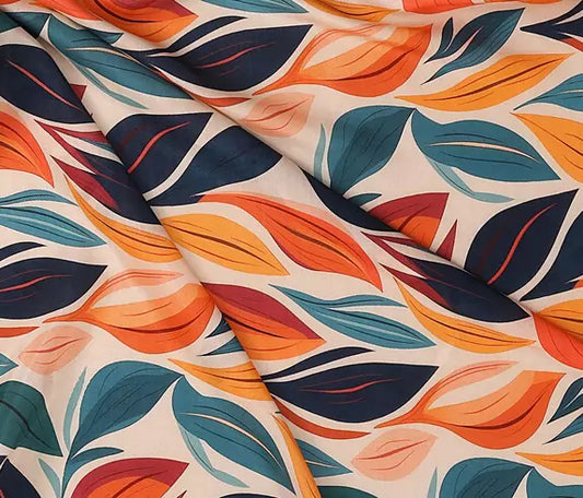 Multi Colors Leafs Pattern Digital Print Muslin Fabric