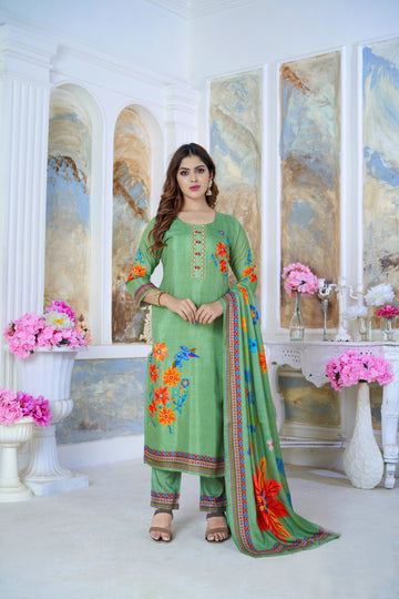 Emerald Green Suits With Handwork In Pure Viscose Muslin Fabrics