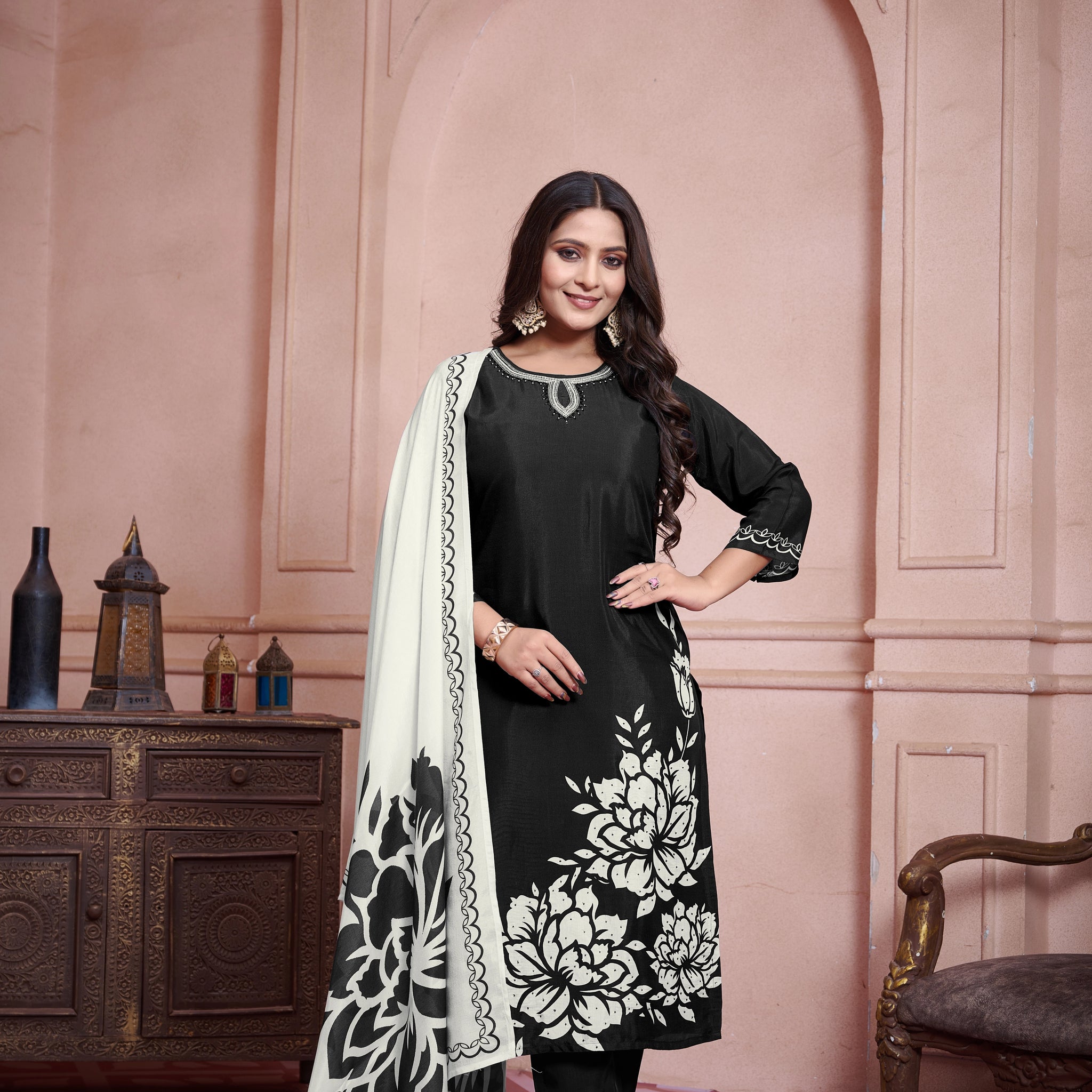 Black Suits With Handwork In Pure Viscose Muslin Fabrics