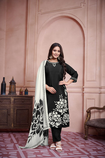 Black Suits With Handwork In Pure Viscose Muslin Fabrics