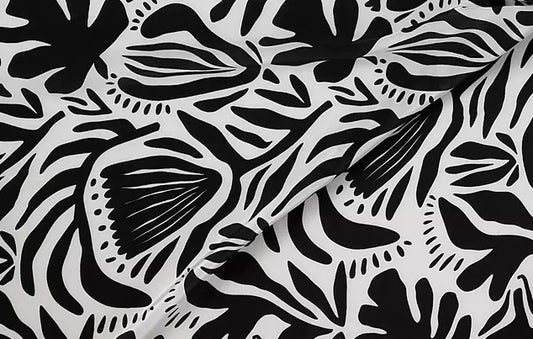 Black Flowers and Leaf Pattern Digital Print Natural Crepe Fabric