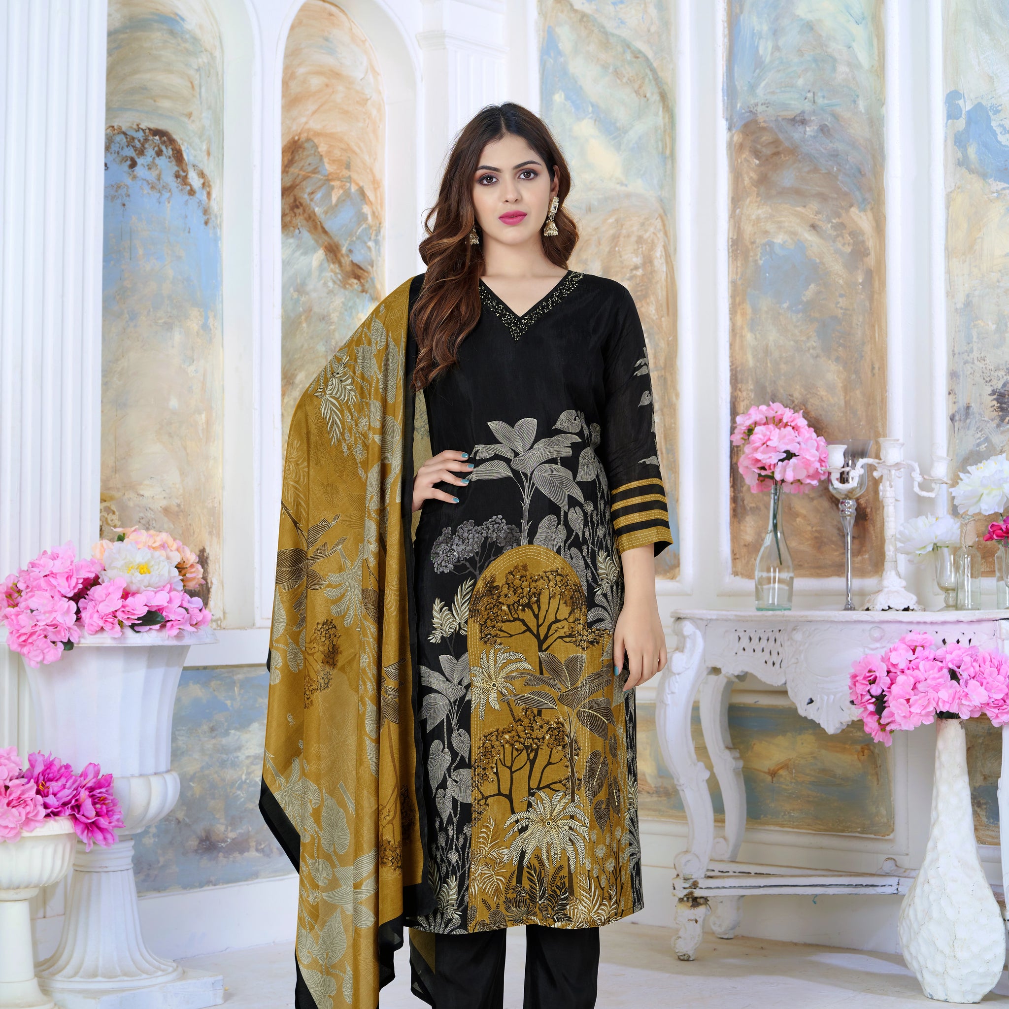 Black Suits With Handwork In Pure Viscose Taspa Fabrics