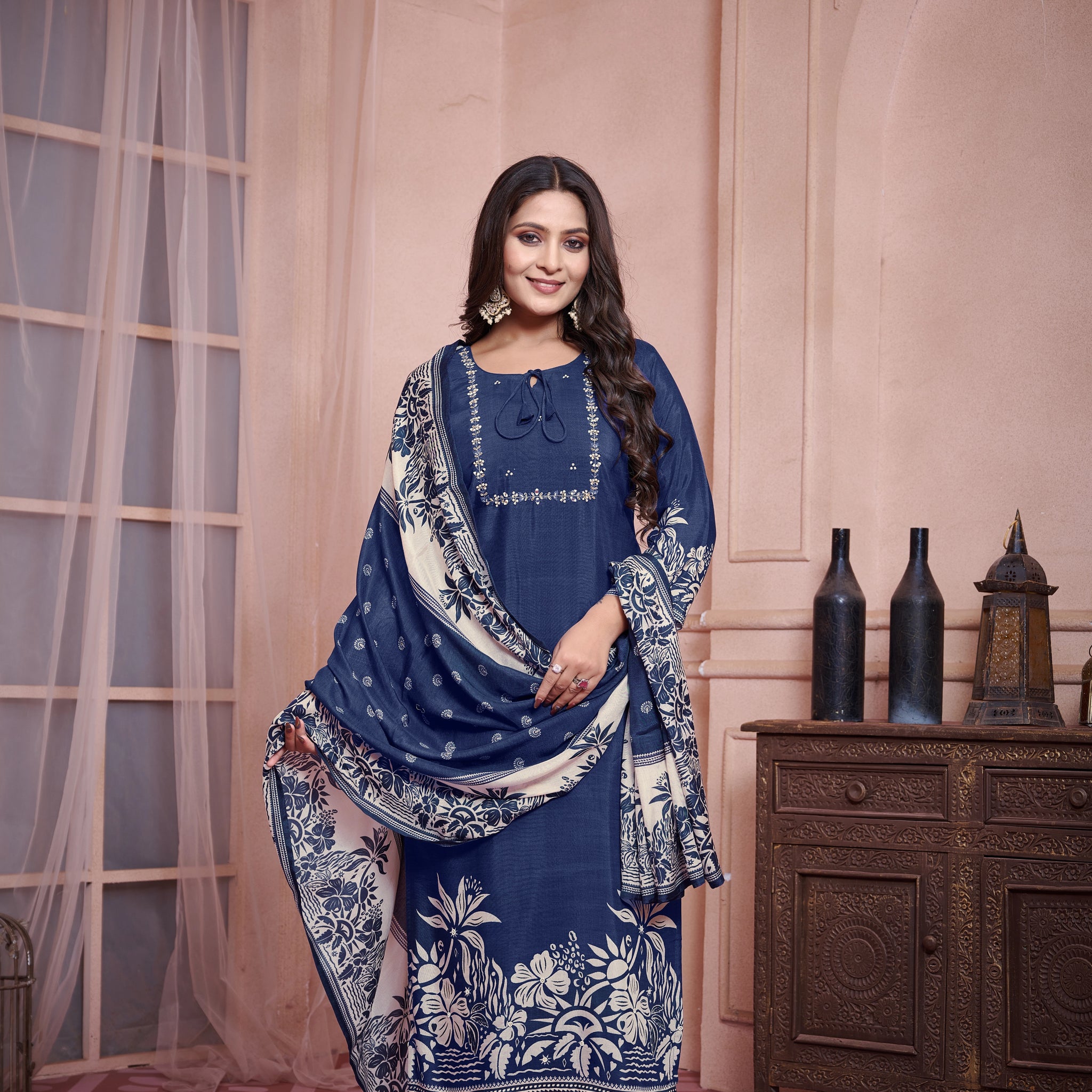 Blue Suits With Handwork In Pure Viscose Muslin Fabrics