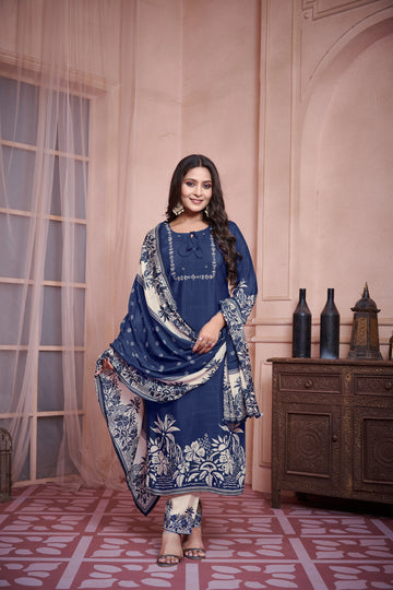 Blue Suits With Handwork In Pure Viscose Muslin Fabrics