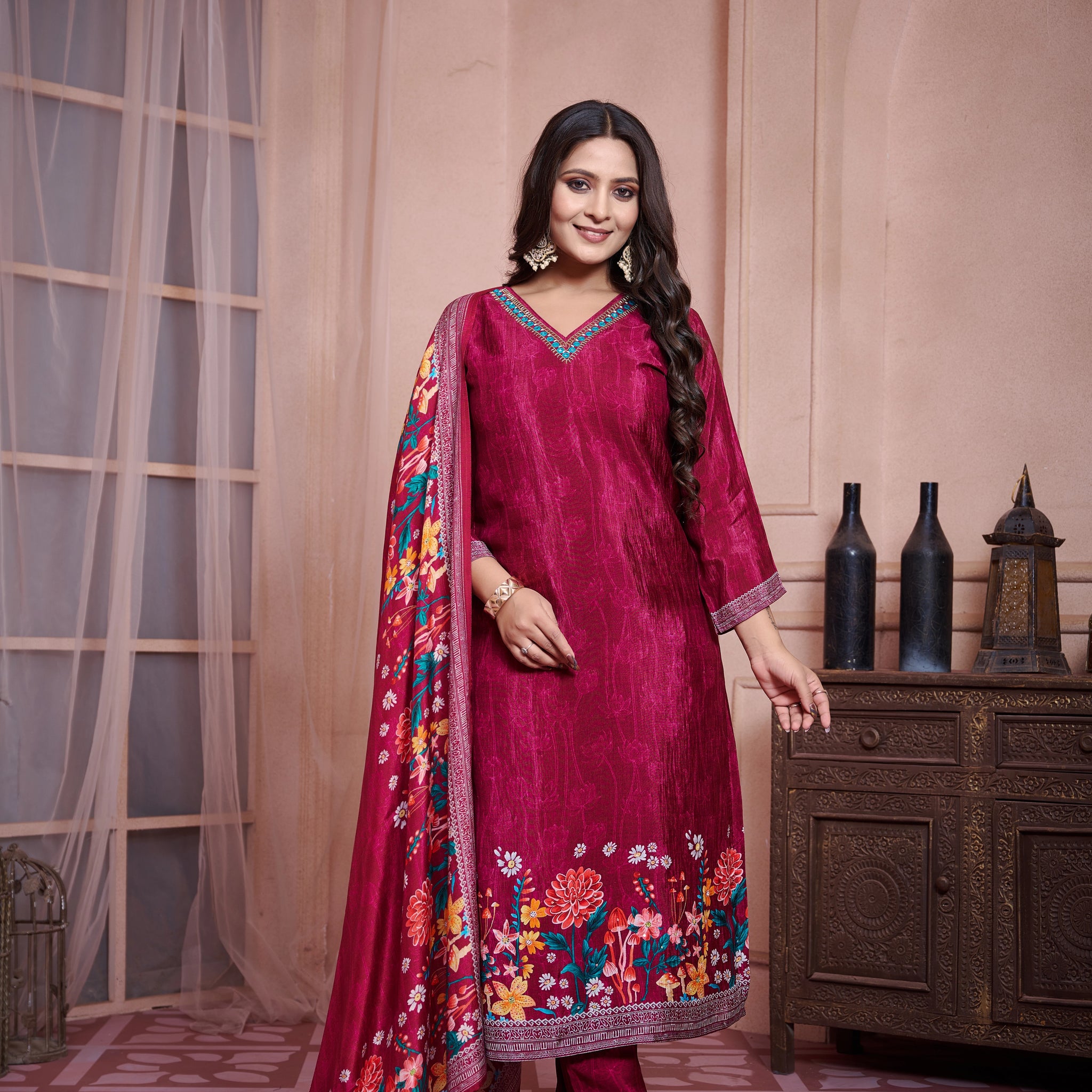 Maroon Suits With Handwork In Pure Viscose Taspa Fabrics