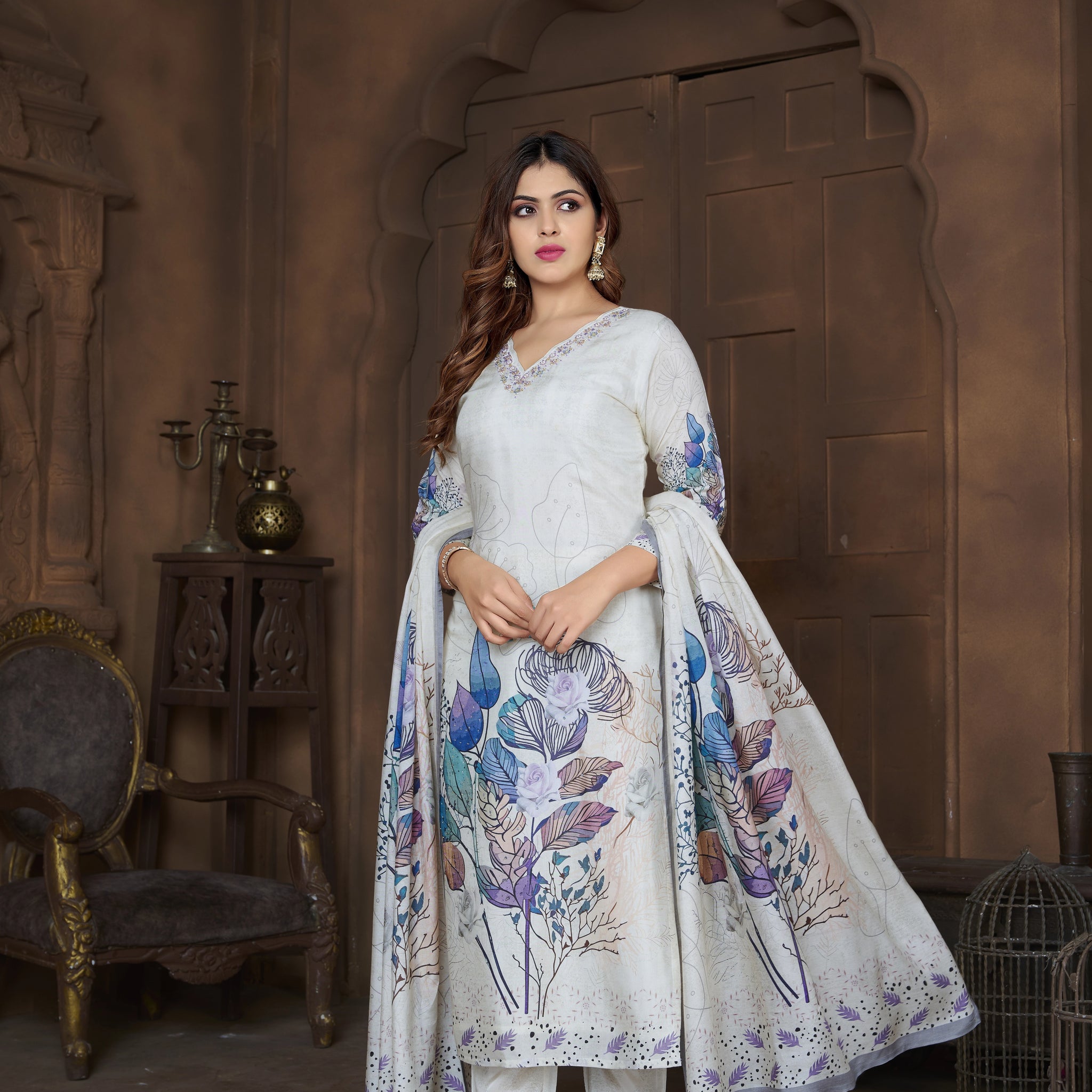 Cream Suits With Handwork In Pure Viscose Muslin Fabrics