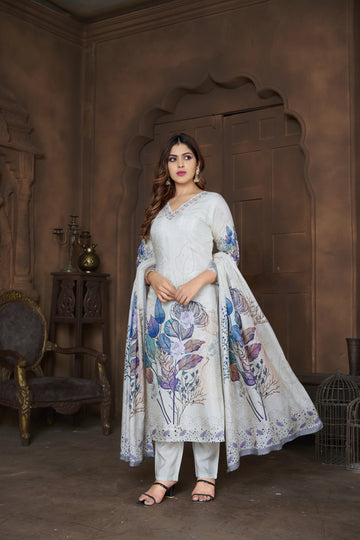 Cream Suits With Handwork In Pure Viscose Muslin Fabrics