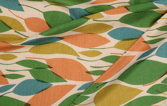 Multi-Color Leaf Pattern Digital Print Dolla Silk Fabric