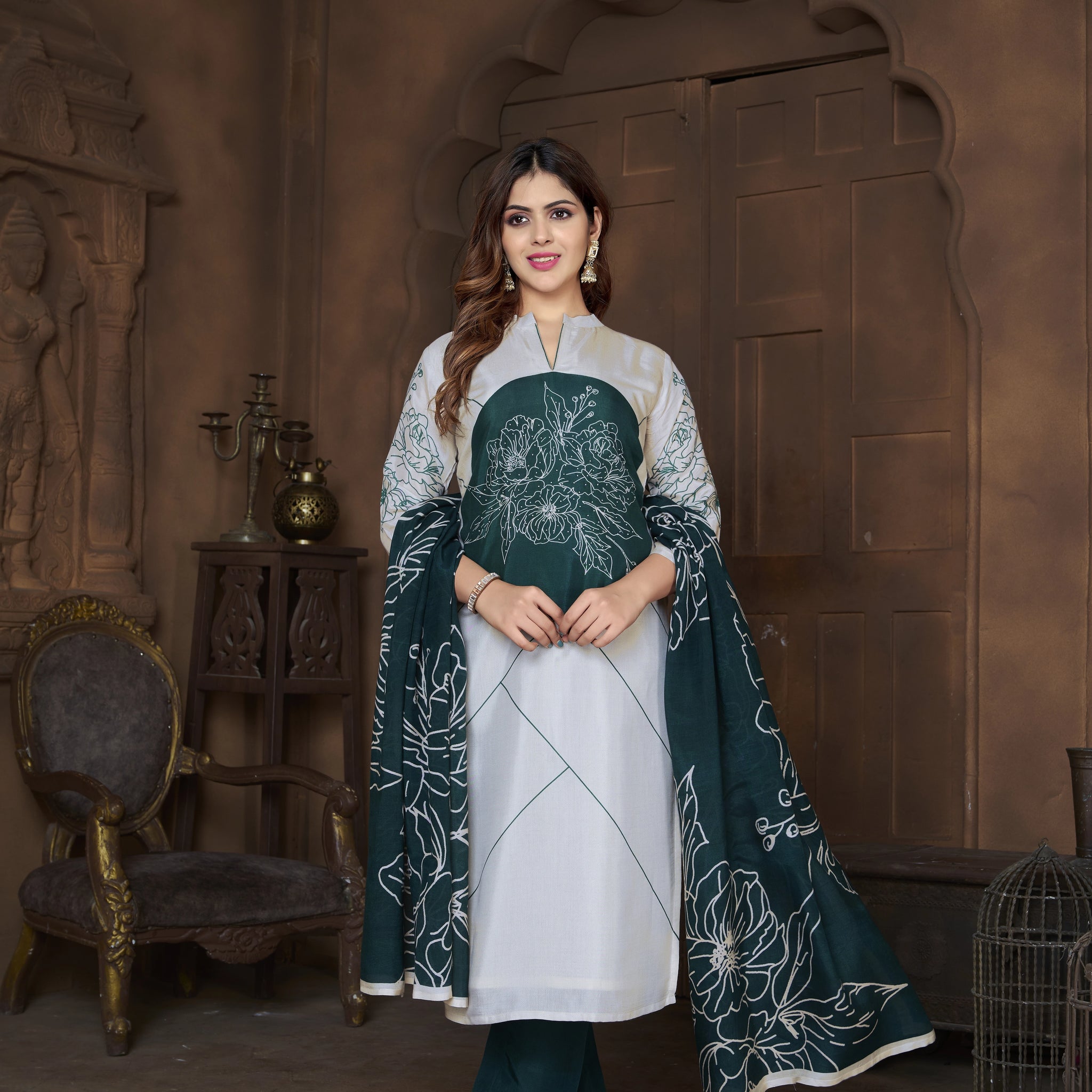 Tasser Grey Suits With Handwork In Pure Viscose Muslin Fabrics