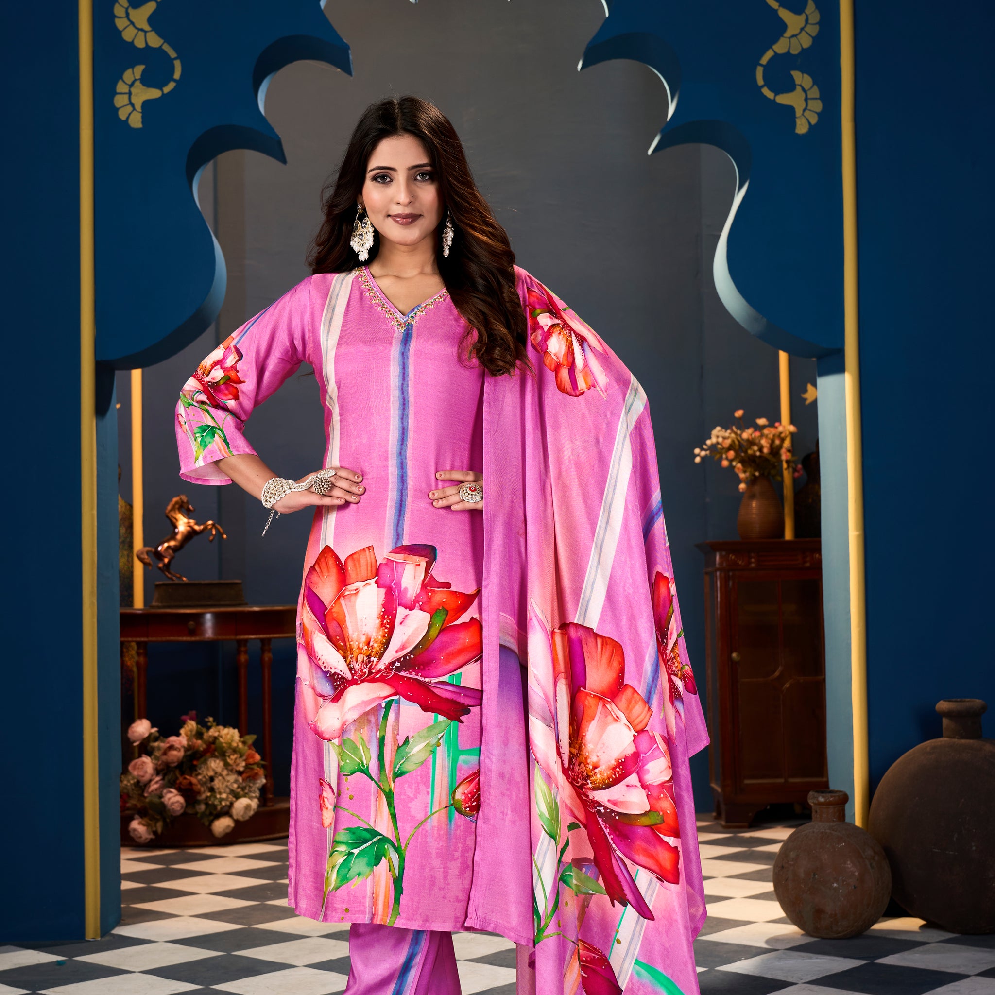 Pink lotus Suits With Handwork In Pure  Muslin  Fabrics