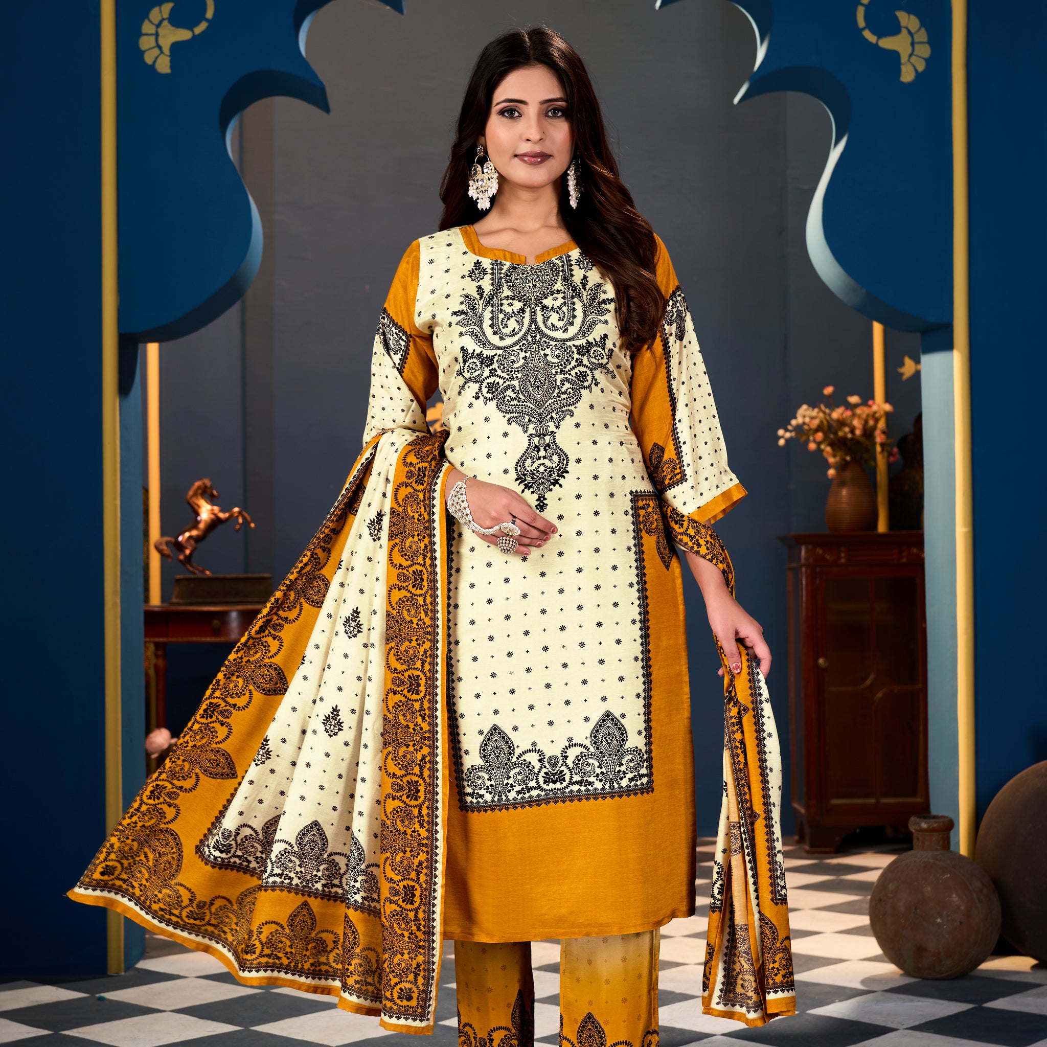 Yellow Cream Pakistani Suits With Handwork In Pure  Muslin  Fabrics