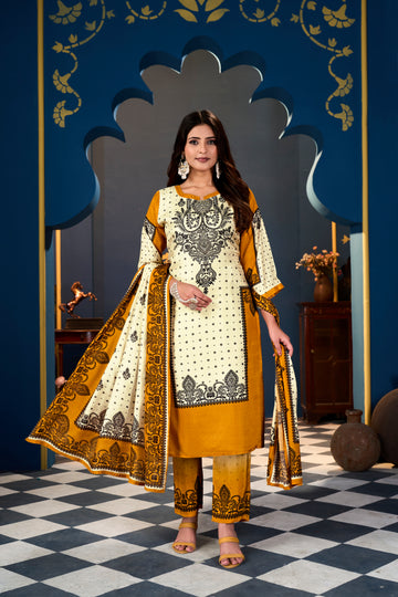 Yellow Cream Pakistani Suits With Handwork In Pure  Muslin  Fabrics