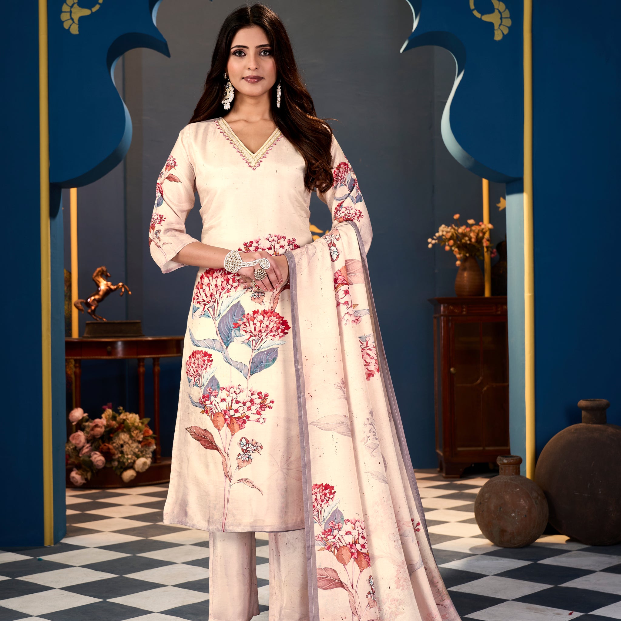 Red Flower Grey Leaves Suits With Handwork In Pure  Muslin Fabrics