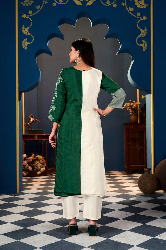 Half Green Cream Suits With Handwork In Pure  Muslin  Fabrics